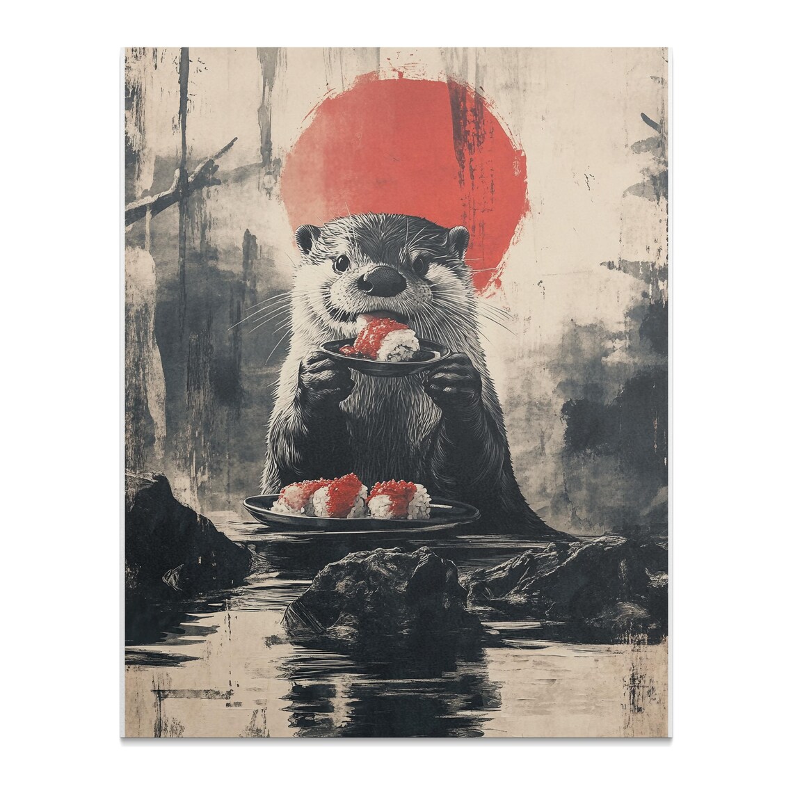 Otter Eating Sushi Red Sun Japanese Ink Painting Style Animal Poster - Image 2