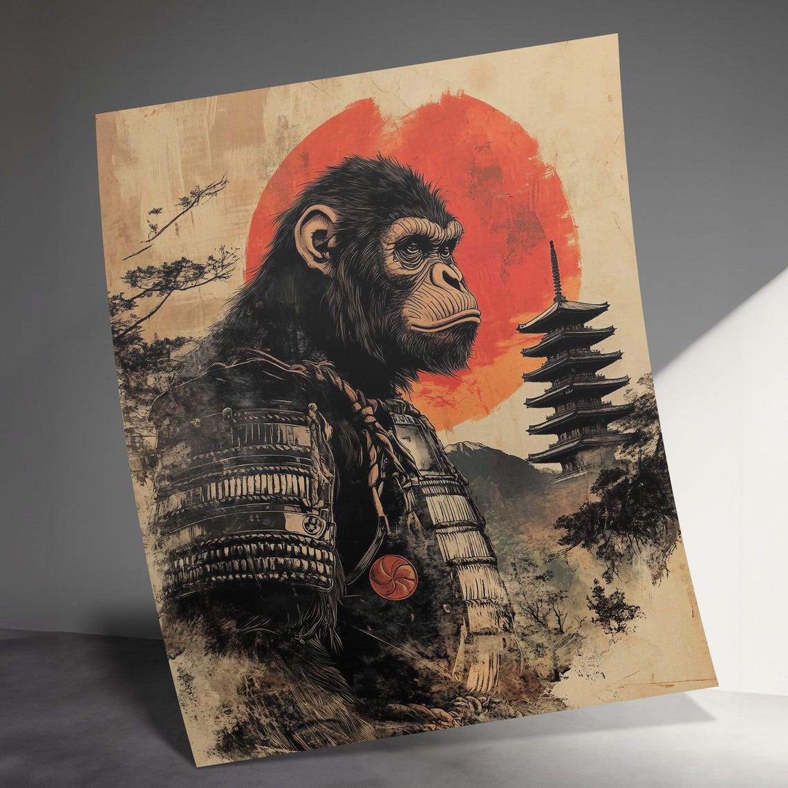 Mighty Samurai Gorilla In Armor Under Red Sun Pagoda Japan Poster - Image 3