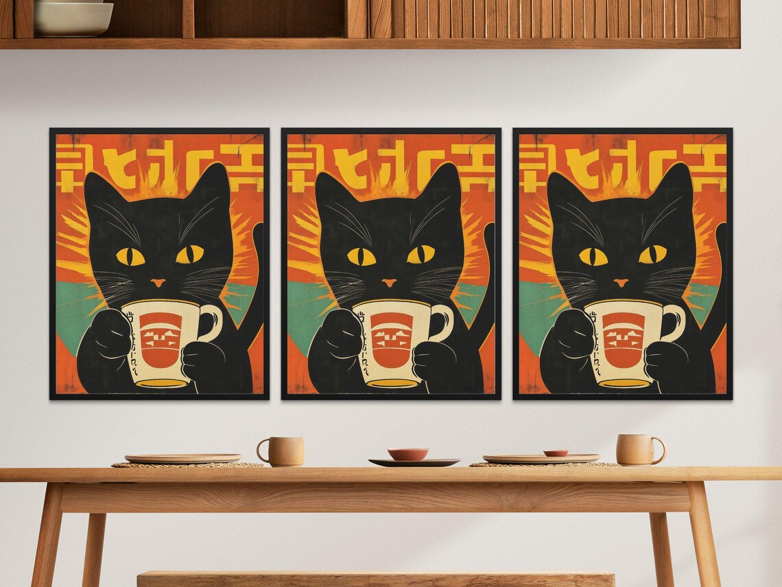 Black Cat Coffee Mug Morning Brew Vintage Japanese Kitchen Poster - Image 2