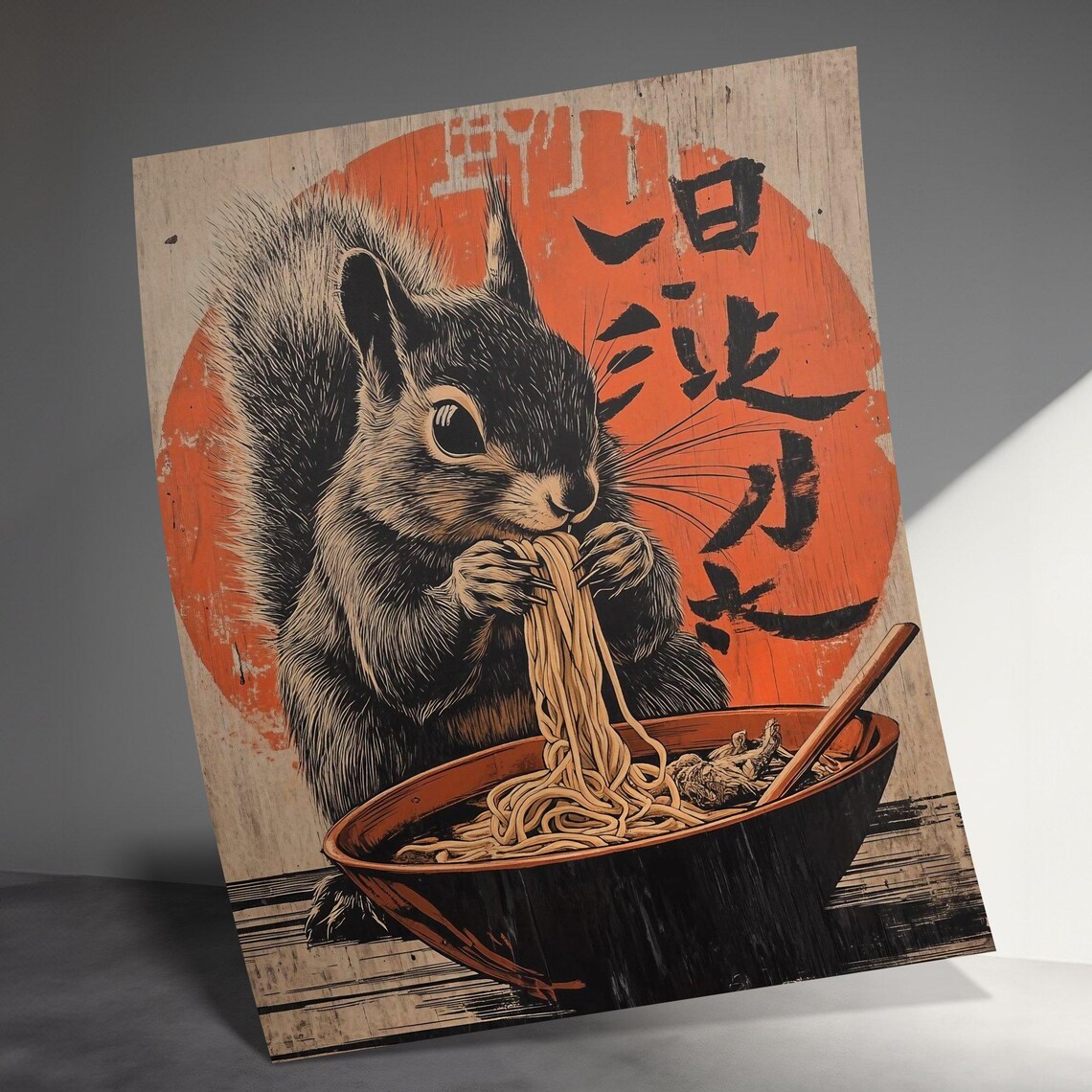 Squirrel Eating Noodles Vintage Japanese Red Sun Woodblock Art Poster - Image 3