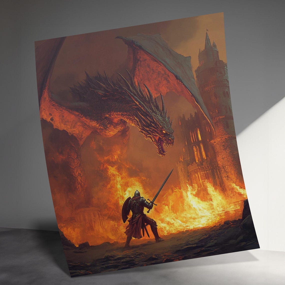 Lone Knight Facing Giant Dragon Burning Castle Dramatic Fantasy Poster - Image 3