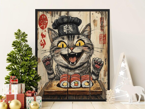 Happy Grinning Tabby Cat Sushi Chef Wooden Plank Vintage Poster