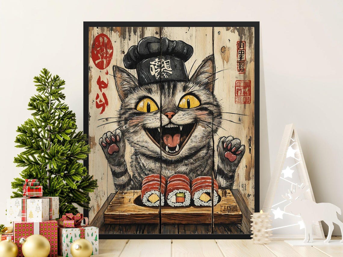 Happy Grinning Tabby Cat Sushi Chef Wooden Plank Vintage Poster