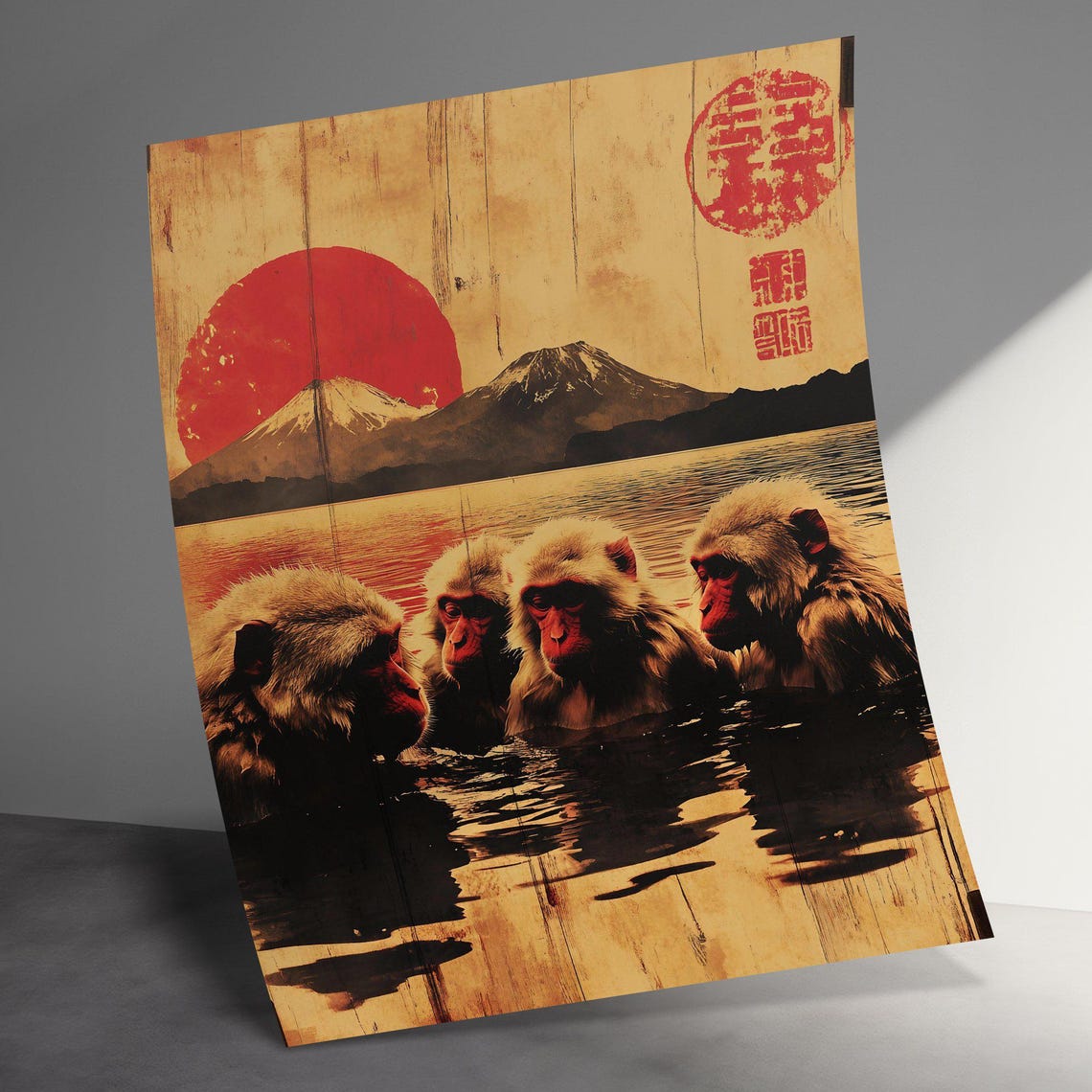 Snow Monkeys Hot Spring Sunset Mount Fuji Retro Japanese Art Poster - Image 3