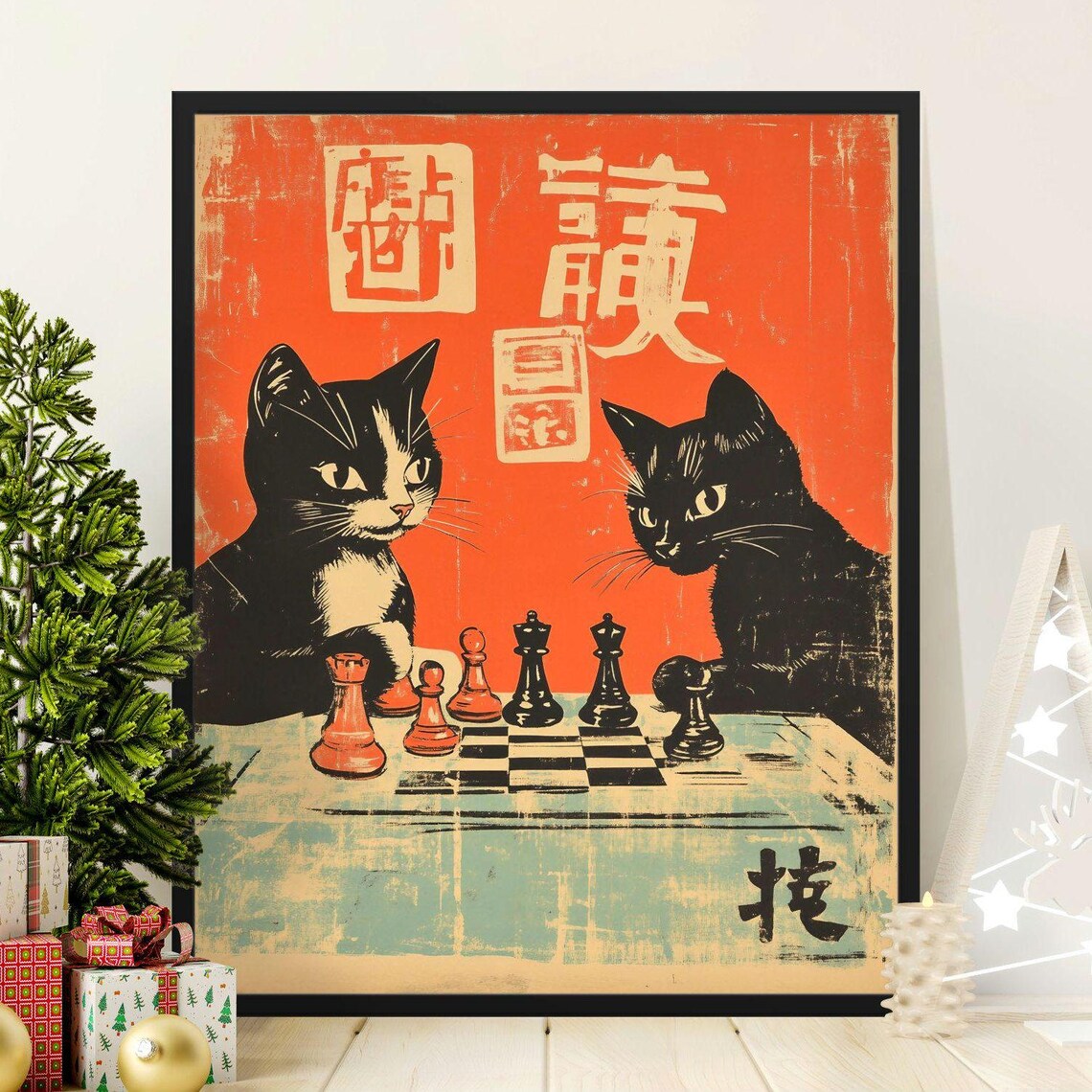 Vintage Chess Cats Retro Art Print, Mid Century