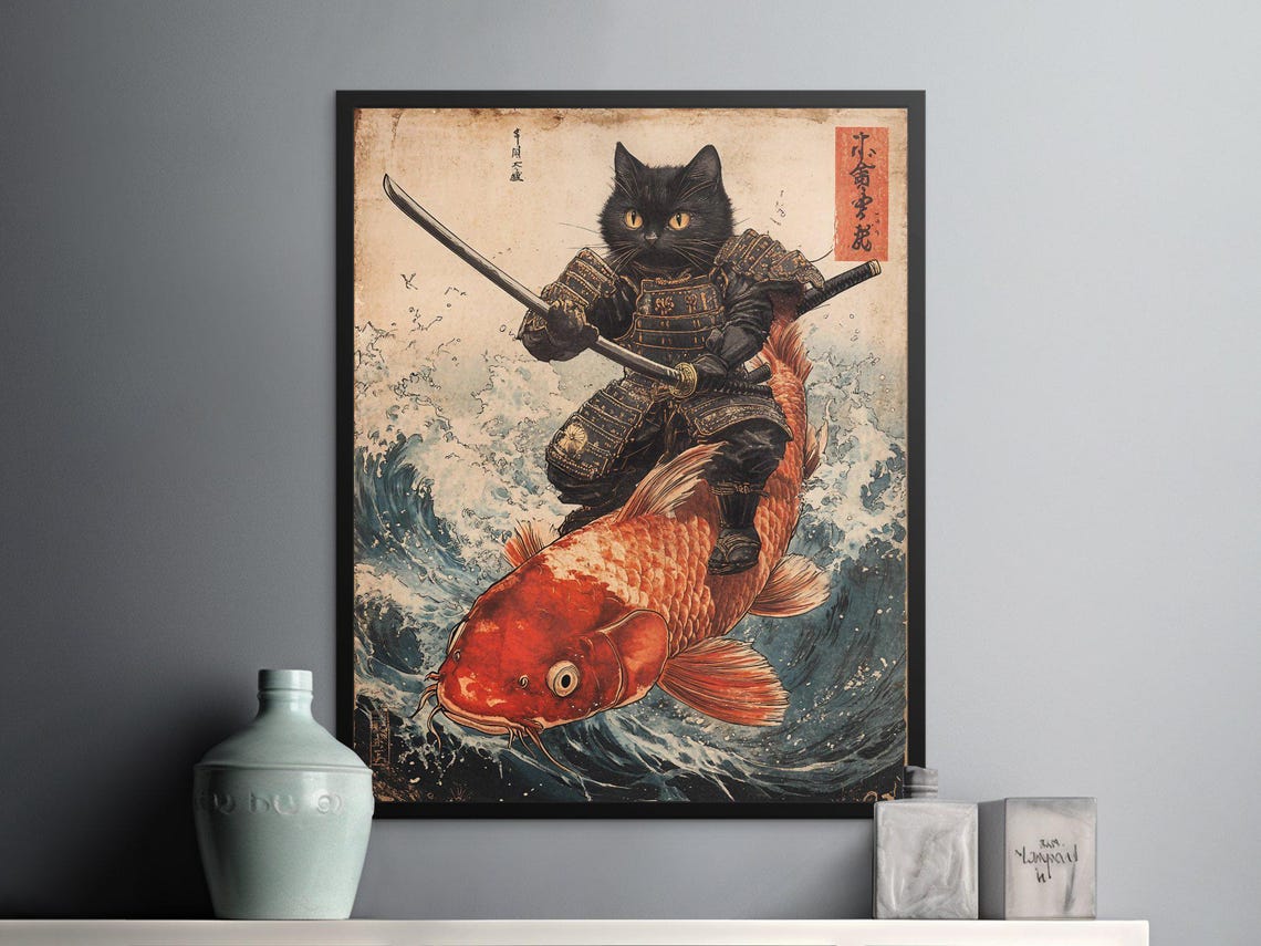Black Samurai Cat Riding Giant Koi Fish Ukiyo E Style Poster