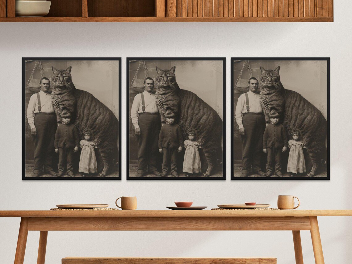 Giant Cat Vintage Family Portrait Surreal Retro Black And White Wall Art - Image 2