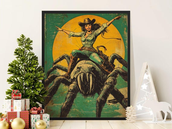 Vintage Cowgirl Riding Giant Spider Poster Retro Western Art Wall Decor Unique Cowboy Adventure Print Custom Comic Book Style Poster