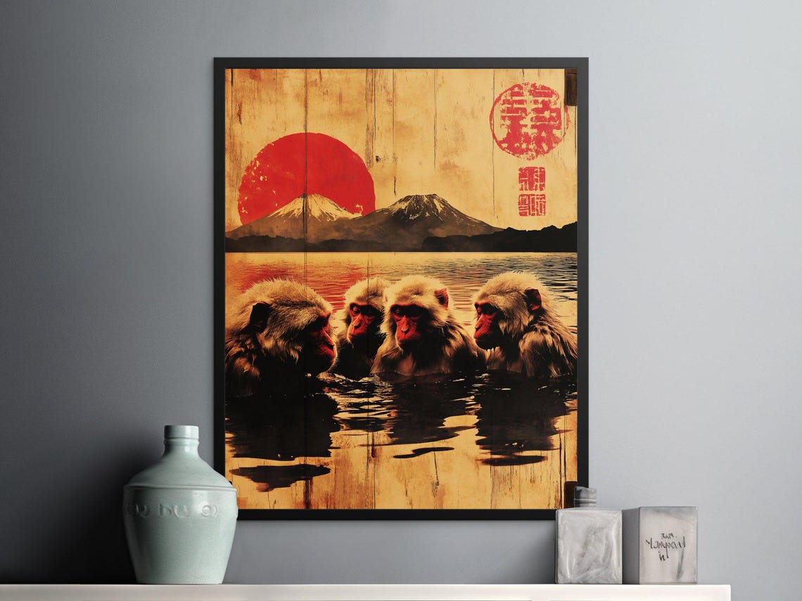 Snow Monkeys Hot Spring Sunset Mount Fuji Retro Japanese Art Poster