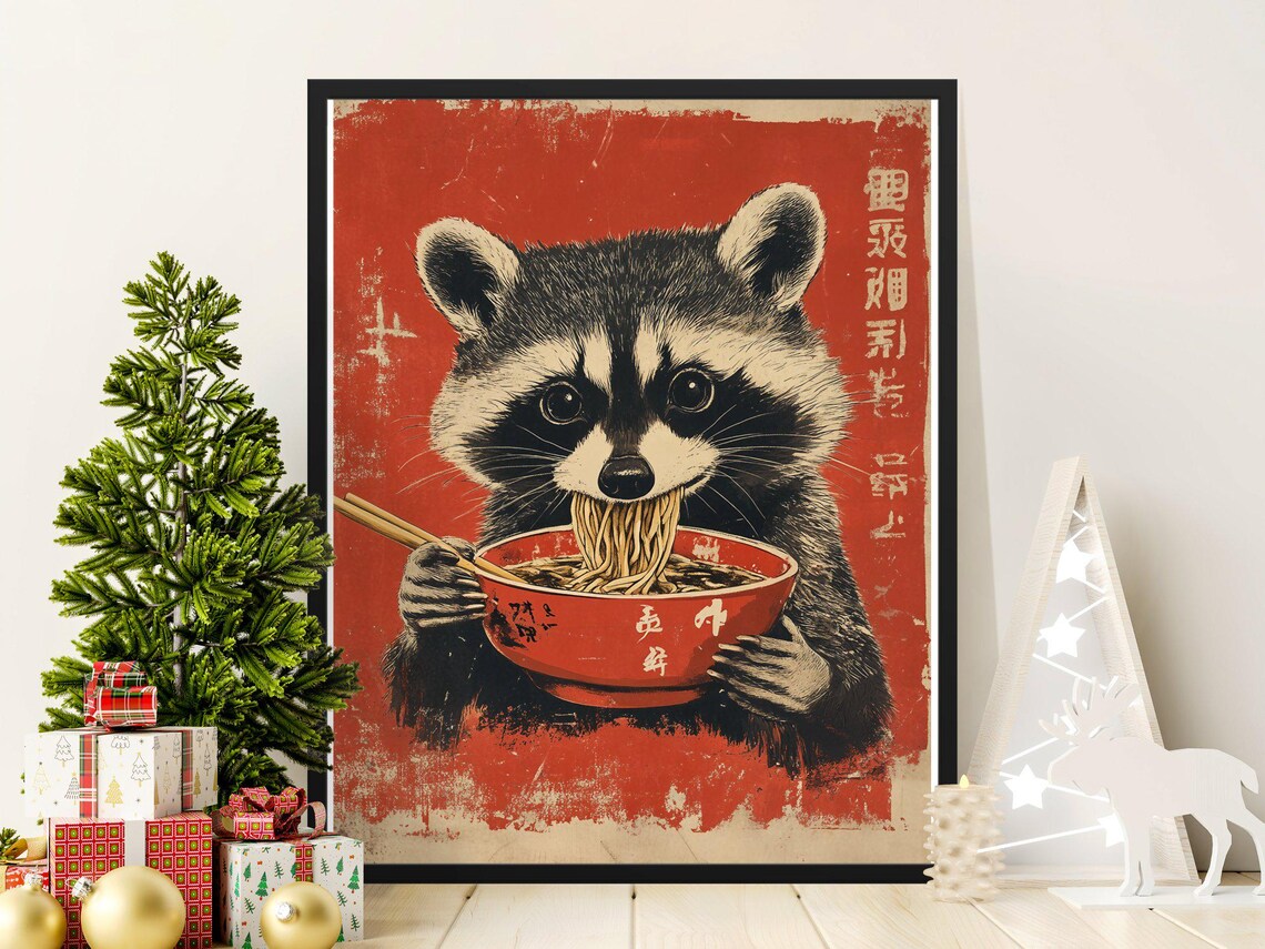 Raccoon Eating Ramen Noodles Red Bowl Retro Japanese Food Poster