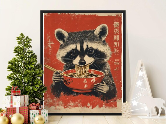 Raccoon Eating Ramen Noodles Red Bowl Retro Japanese Food Poster