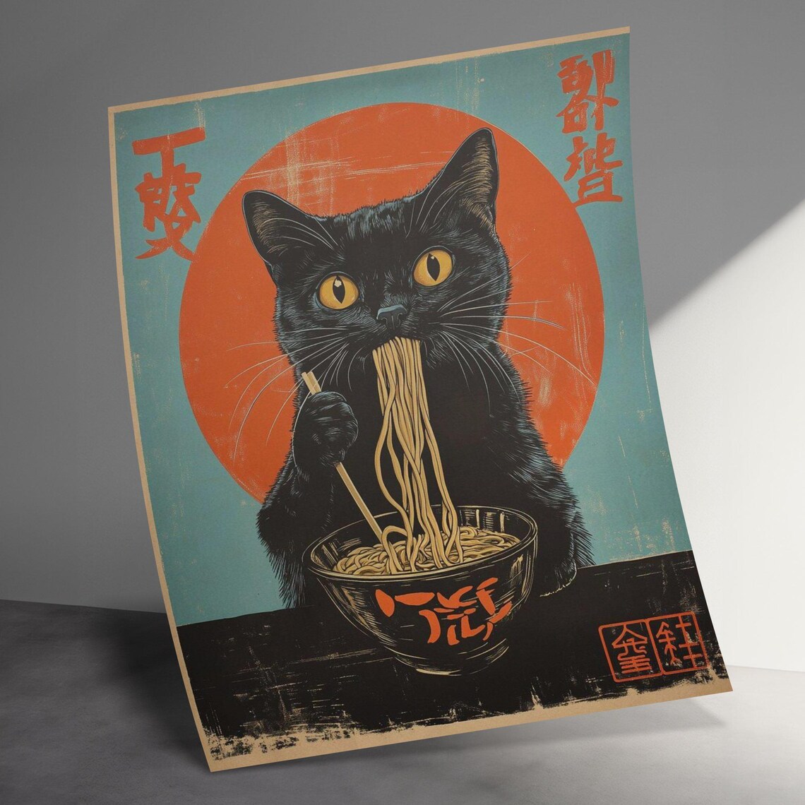 Black Cat Slurping Ramen Bowl Red Sun Teal Retro Japanese Kitchen Poster - Image 2