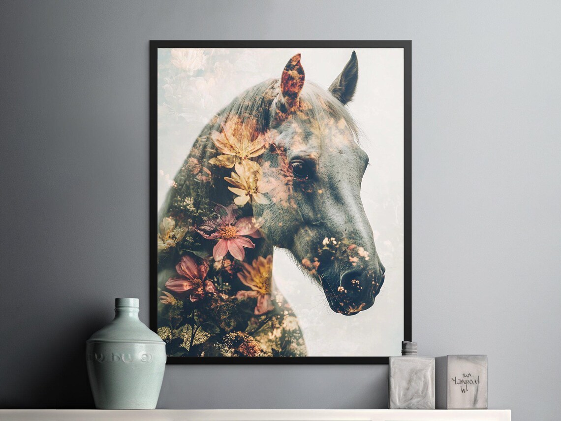 Floral Horse Double Exposure Elegant Nature Equestrian Wall Art Print - Image 2