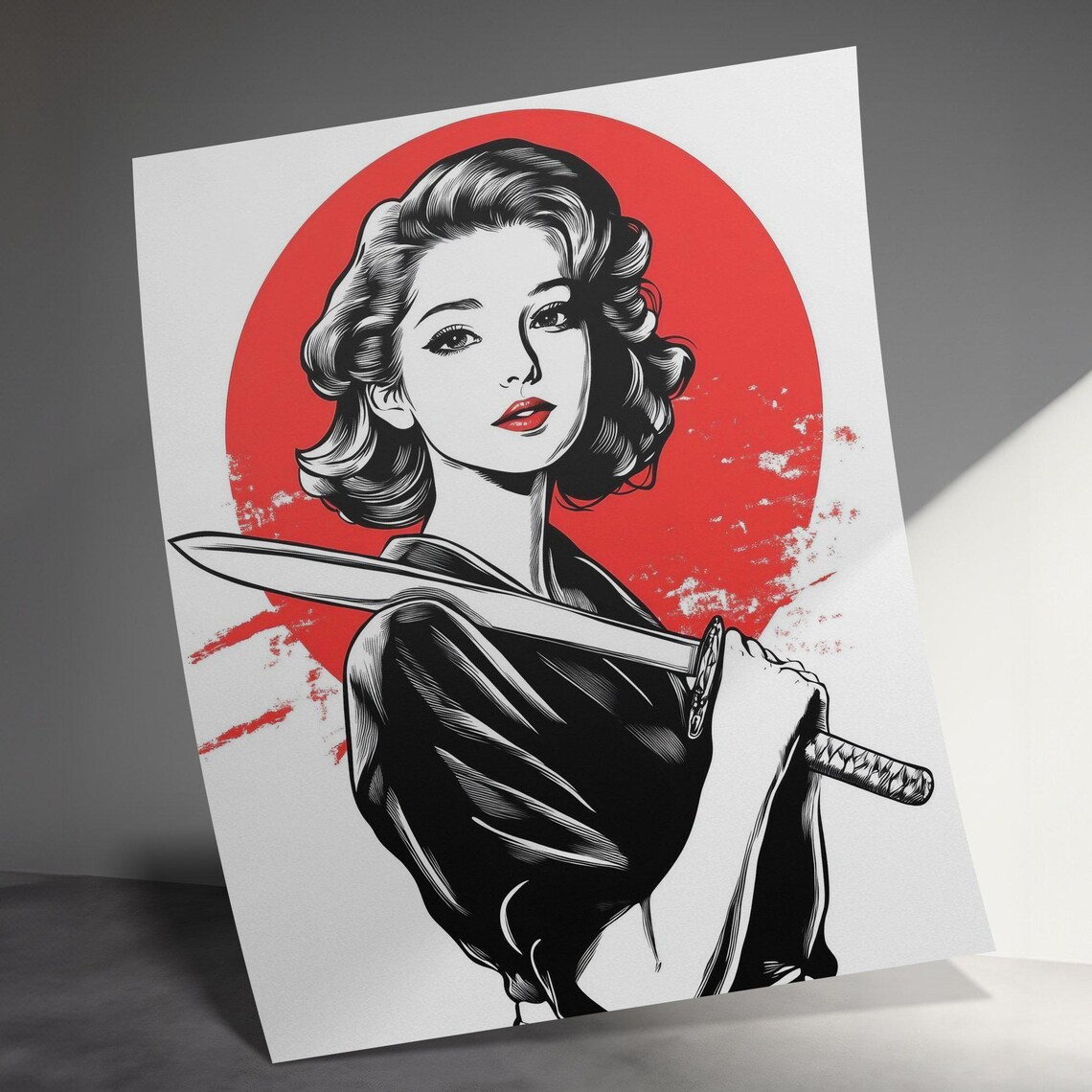 Samurai Woman With Katana Red Sun Disc Bold Japanese Graphic Poster - Image 3