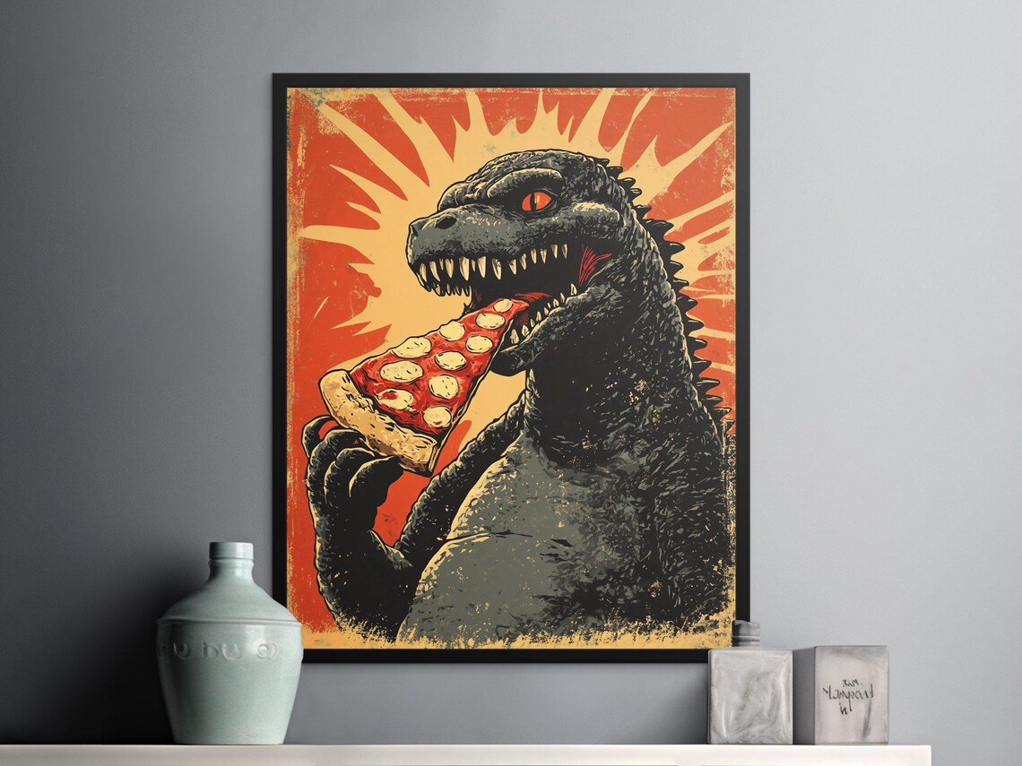 Godzilla Eating Pepperoni Pizza Slice Vintage Monster Movie Poster - Image 2