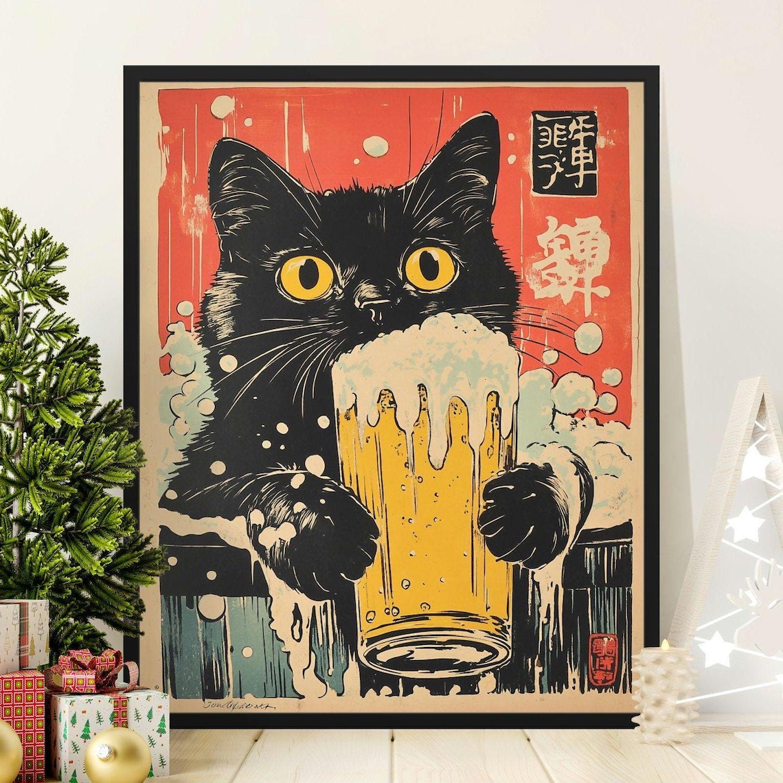 Vintage Black Cat With Beer, Japanese Style Poster