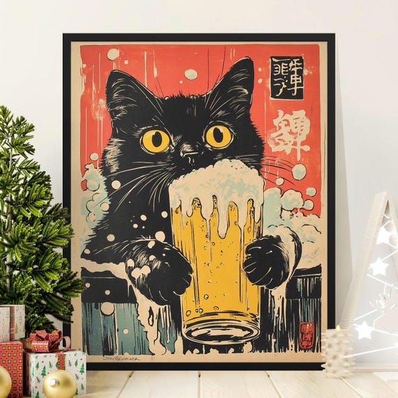 Vintage Black Cat With Beer, Japanese Style Poster