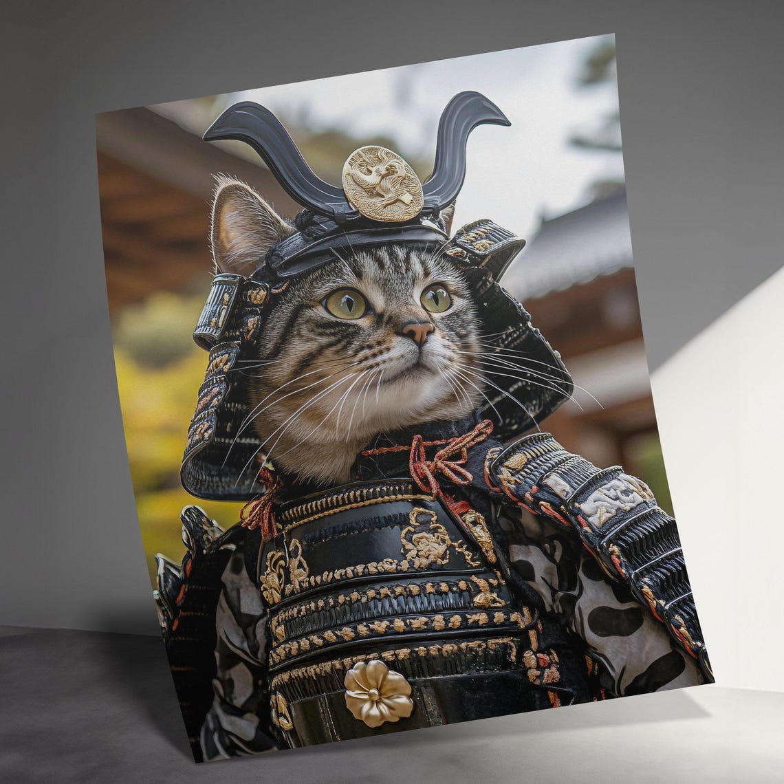 Tabby Cat Wearing Samurai Armor Helmet Japanese Warrior Art Poster - Image 3