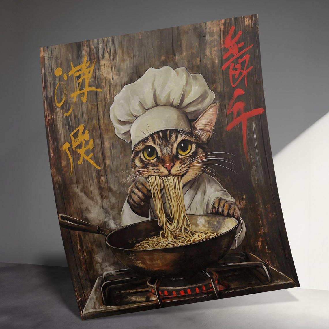 Hungry Tabby Cat Chef Eating Noodles From Wok Flame Kitchen Poster - Image 3