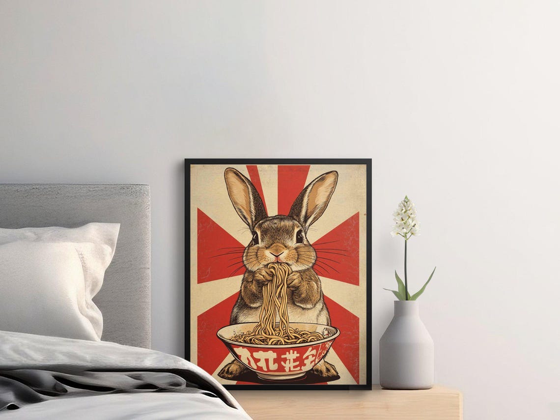 Cute Rabbit Eating Ramen Rising Sun Japanese Whimsical Kitchen Poster - Image 3