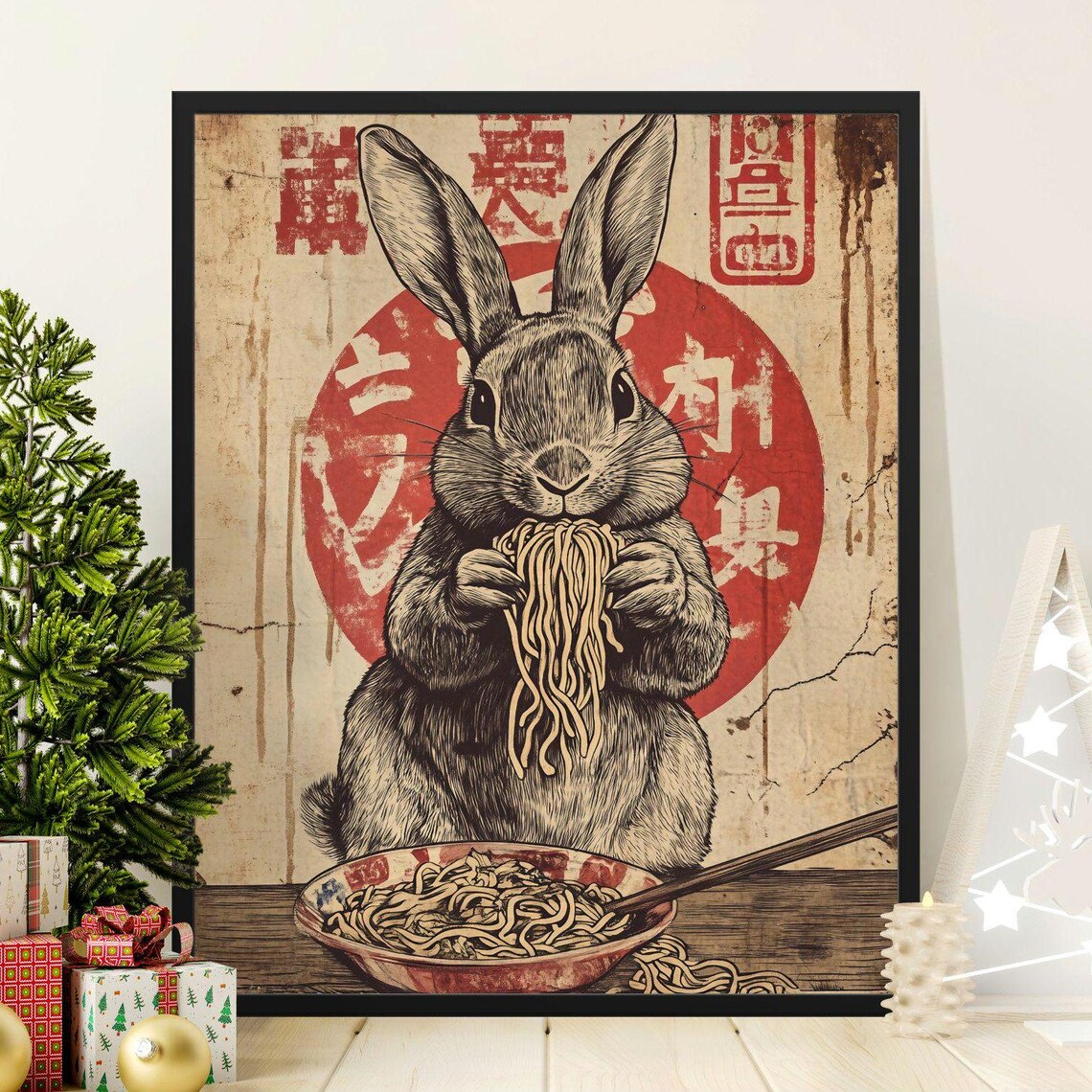 Vintage Bunny Eating Noodles, Japanese-Inspired Poster