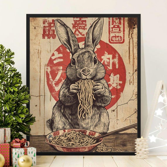Vintage Bunny Eating Noodles, Japanese-Inspired Poster
