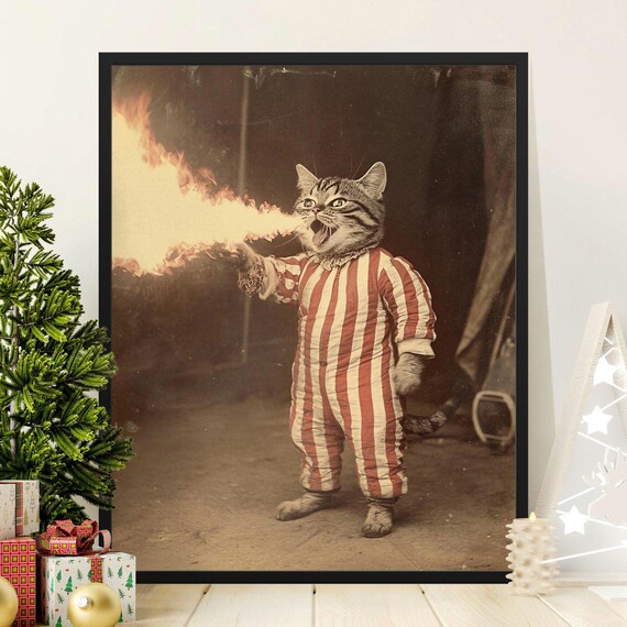 Fire Breathing Cat in Red Striped Circus Costume Sepia Style Wall Art