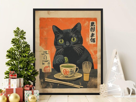 Black Cat Pouring Matcha Tea Japanese Tea Ceremony Animal Poster