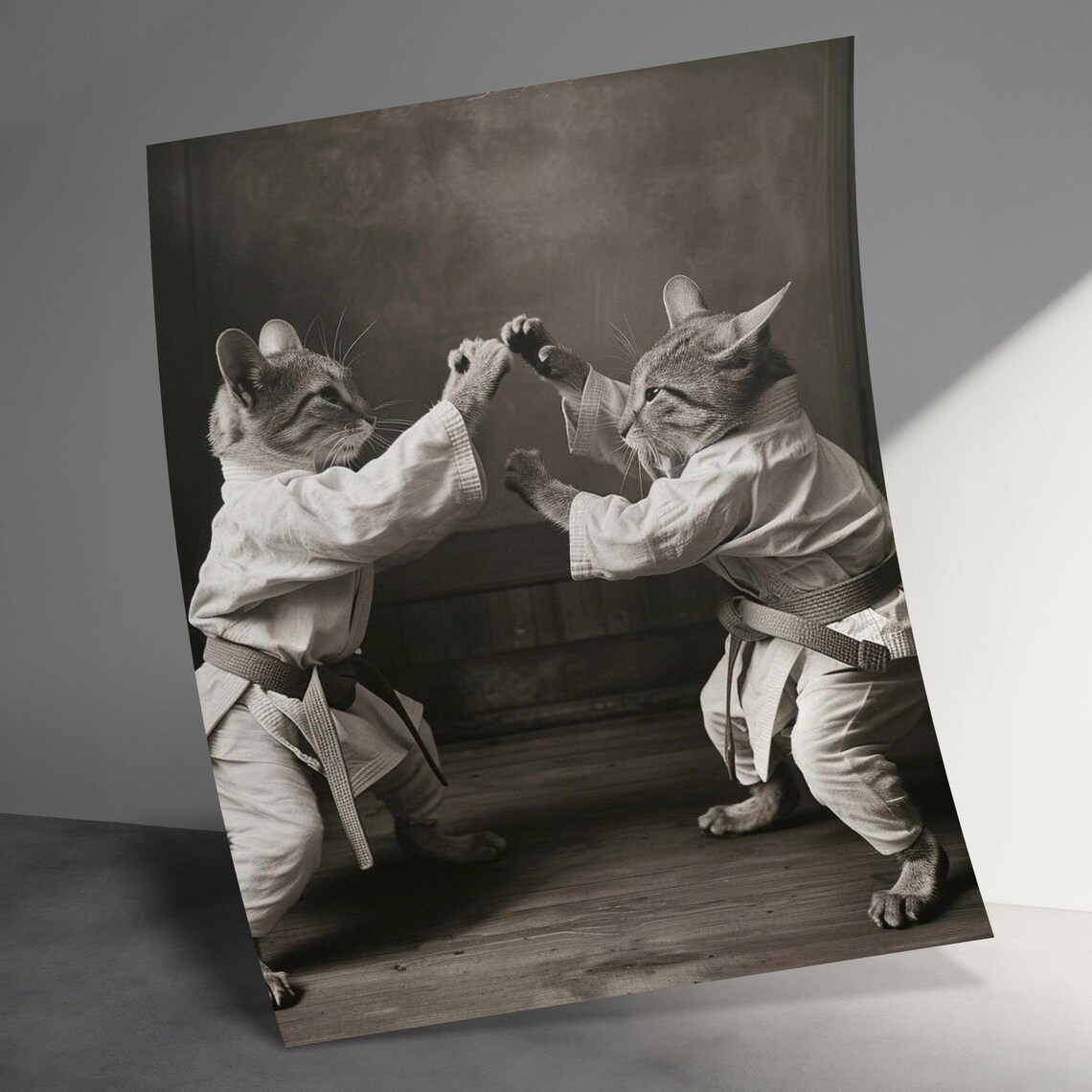 Two Cats Sparring in Karate Gis Vintage Sepia Photography Wall Art - Image 2
