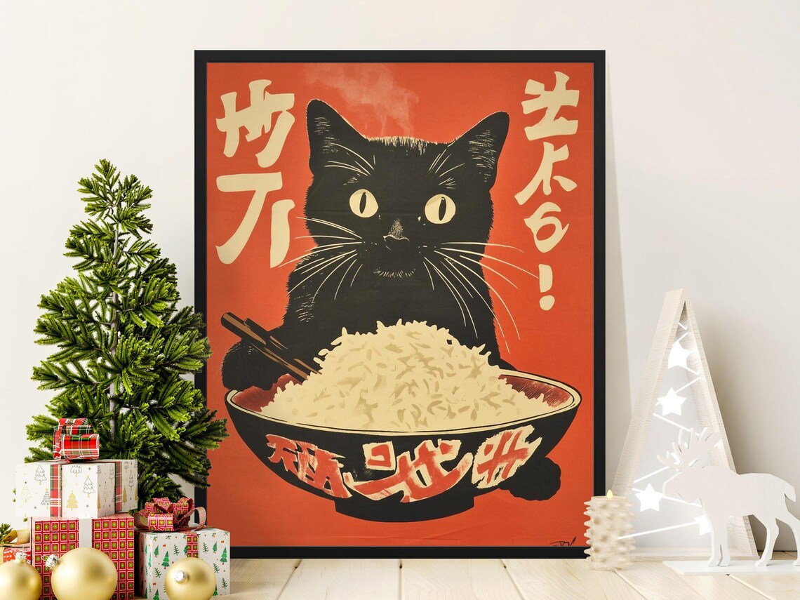 Hungry Black Cat Chopsticks Giant Rice Bowl Bold Red Japanese Poster
