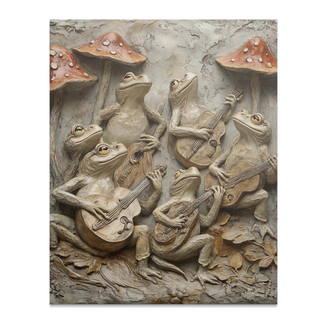 Frog Band Playing Guitars 3D Mushroom Sculpture Whimsical Animal Wall Art - Image 2
