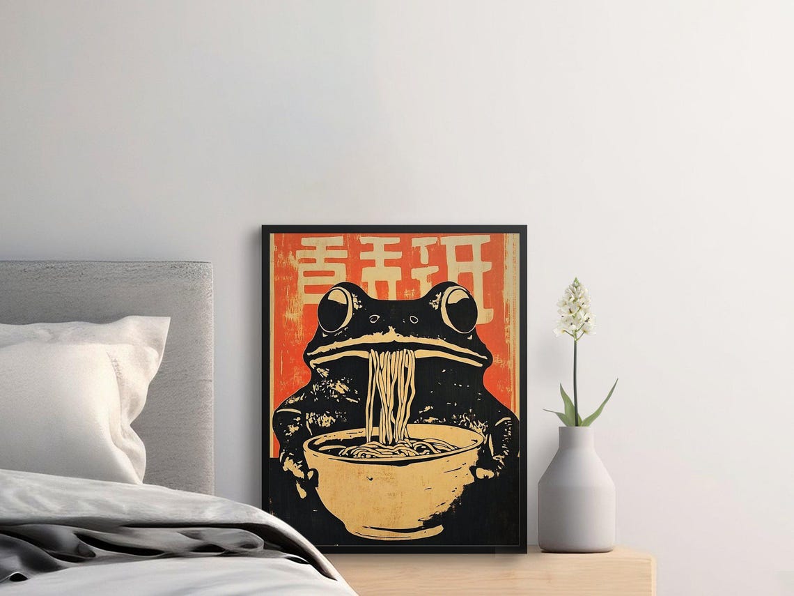 Quirky Frog Slurping Ramen Bowl Bold Japanese Pop Art Kitchen Poster - Image 2
