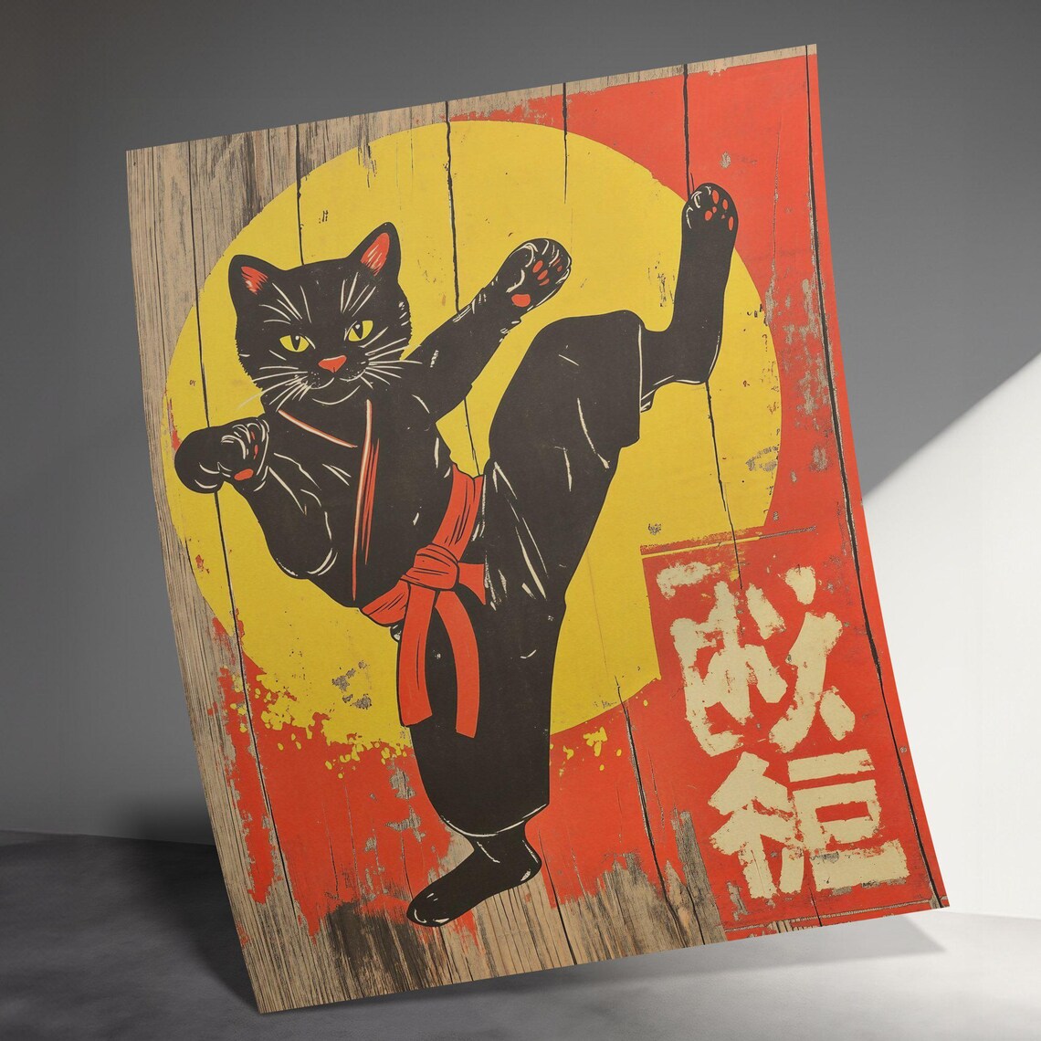 Vintage Karate Cat Martial Arts Kick Retro Japanese Style Art Poster - Image 3