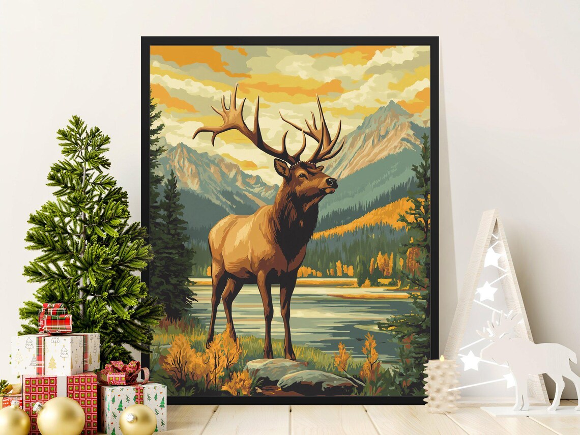 Majestic Elk Lakeside Autumn Mountains Golden Sunset Wildlife Art Poster
