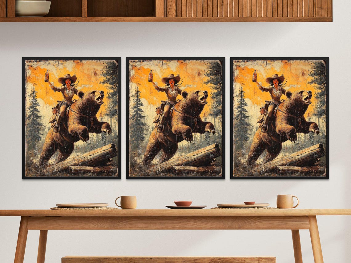Cowgirl Riding Brown Bear Through River Vintage Western Art Poster - Image 2