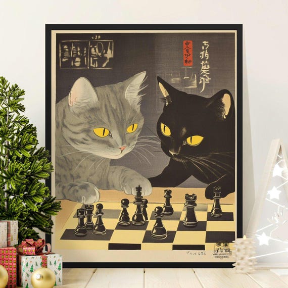 Cute Cats Playing Chess, Vintage Cat Art Print