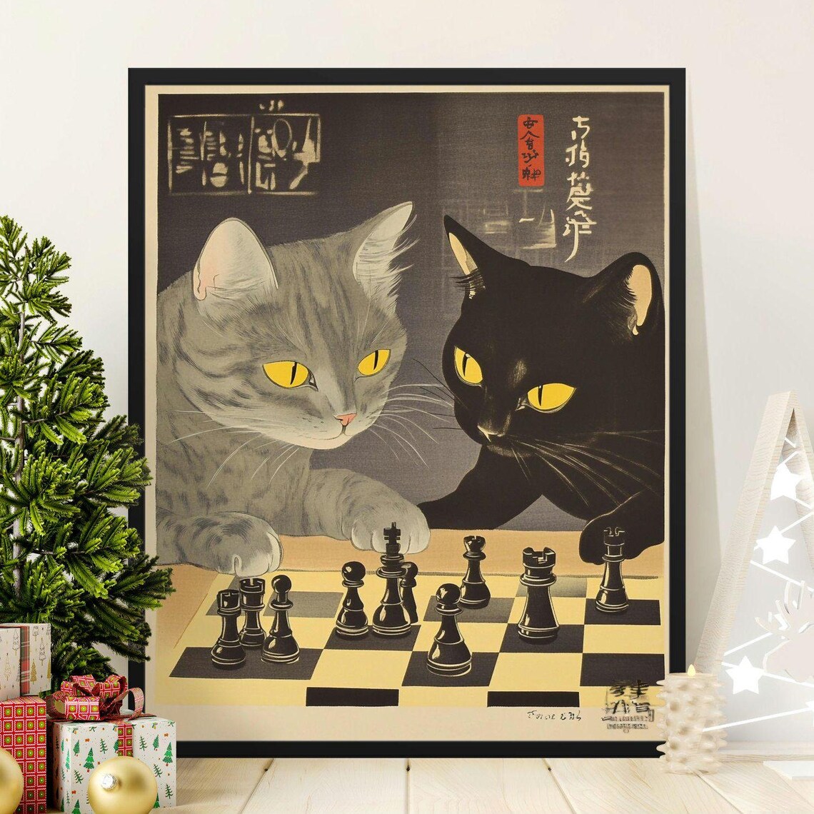 Cute Cats Playing Chess, Vintage Cat Art Print