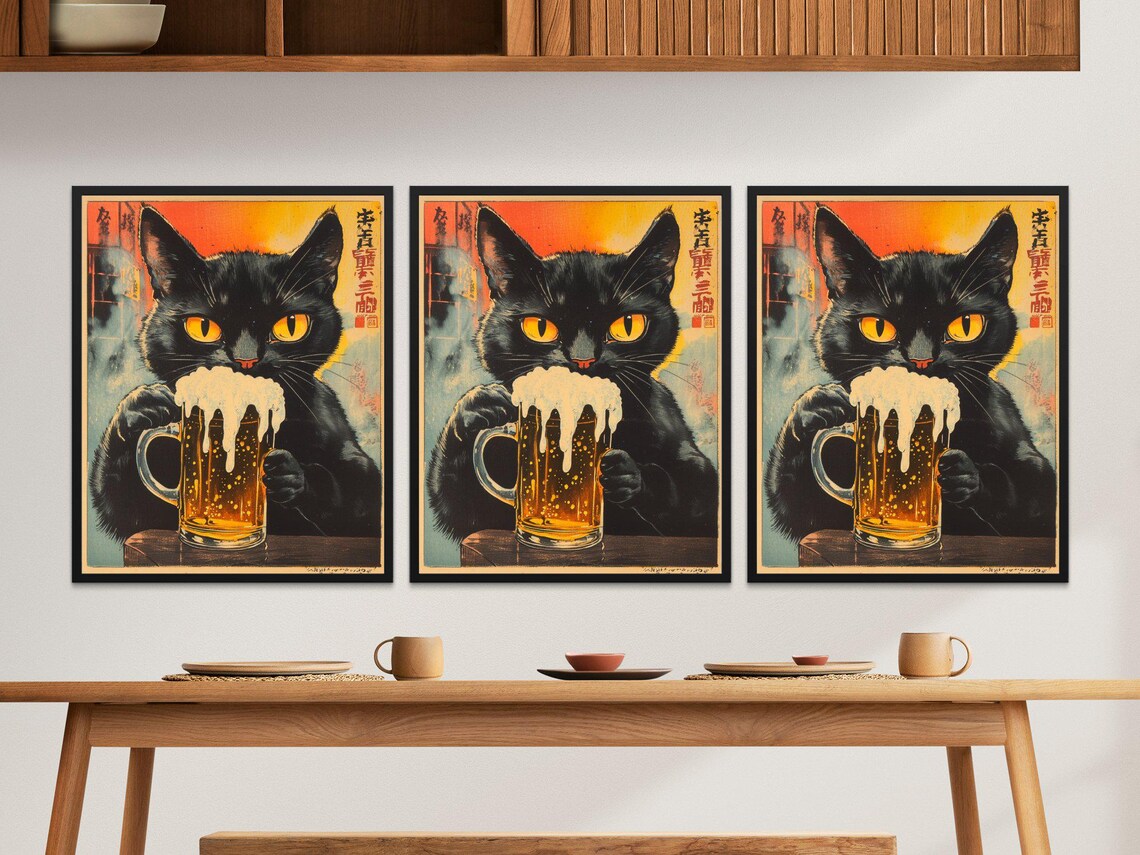 Black Cat Drinking Foaming Beer Mug Vintage Japanese Bar Art Poster - Image 2
