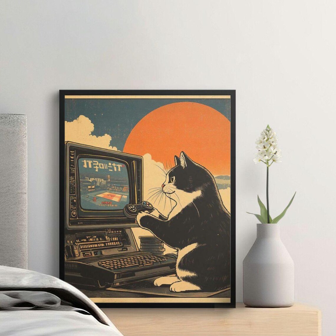 Retro Tuxedo Cat Playing Video Game Joystick Sunset Neon Gaming Poster
