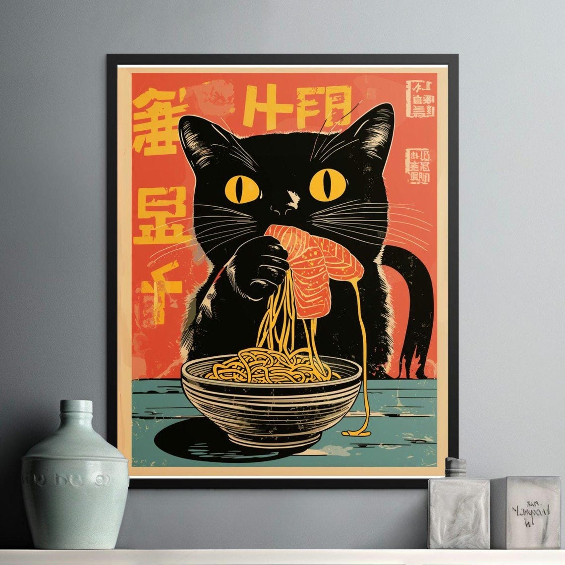 Quirky Black Cat Eating Salmon Ramen Retro Japanese Kitchen Fun Poster