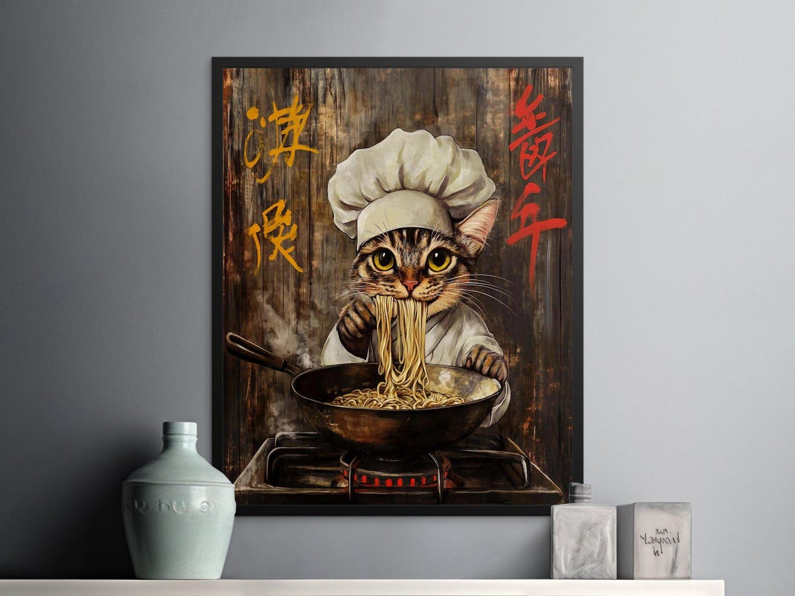 Hungry Tabby Cat Chef Eating Noodles From Wok Flame Kitchen Poster - Image 2