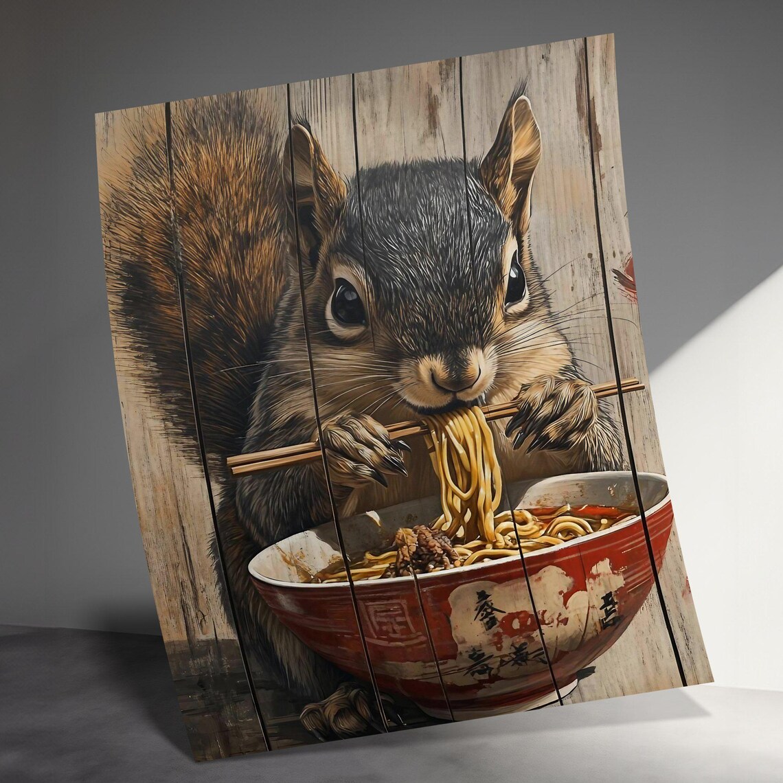 Realistic Squirrel Eating Noodles Rustic Wooden Farmhouse Kitchen Poster - Image 3