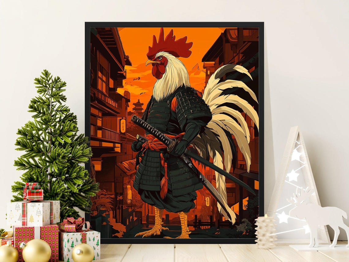 White Rooster Samurai Old Japan Street Sunset Katana Warrior Poster