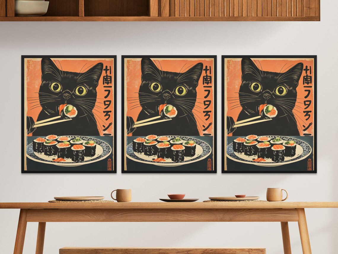Cute Black Cat Eating Sushi Chopsticks Retro Japanese Kitchen Art Poster - Image 2