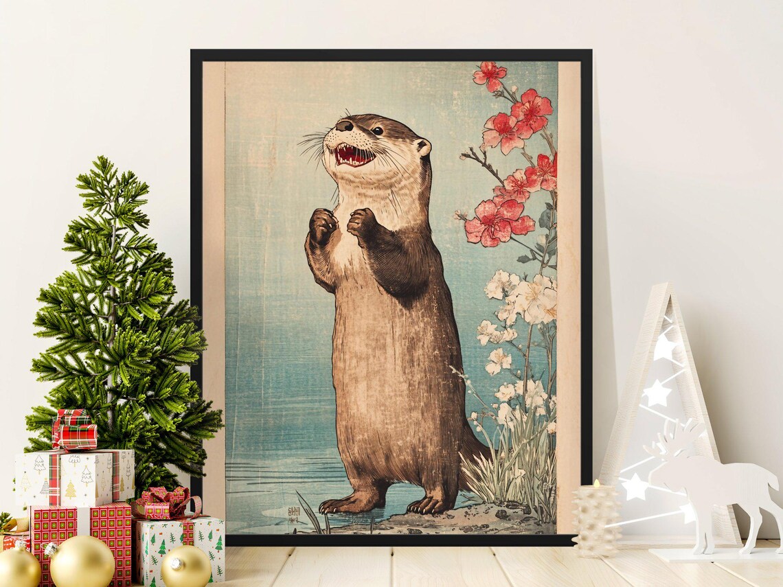 Japanese Otter Standing Cherry Blossoms Vintage Asian Wildlife Art Poster