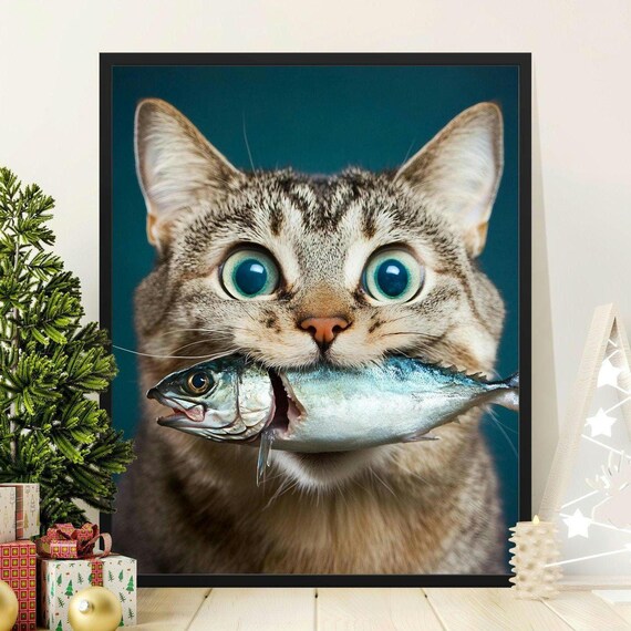 Tabby Cat Holding Fish In Mouth Photorealistic Close Up Cat Poster