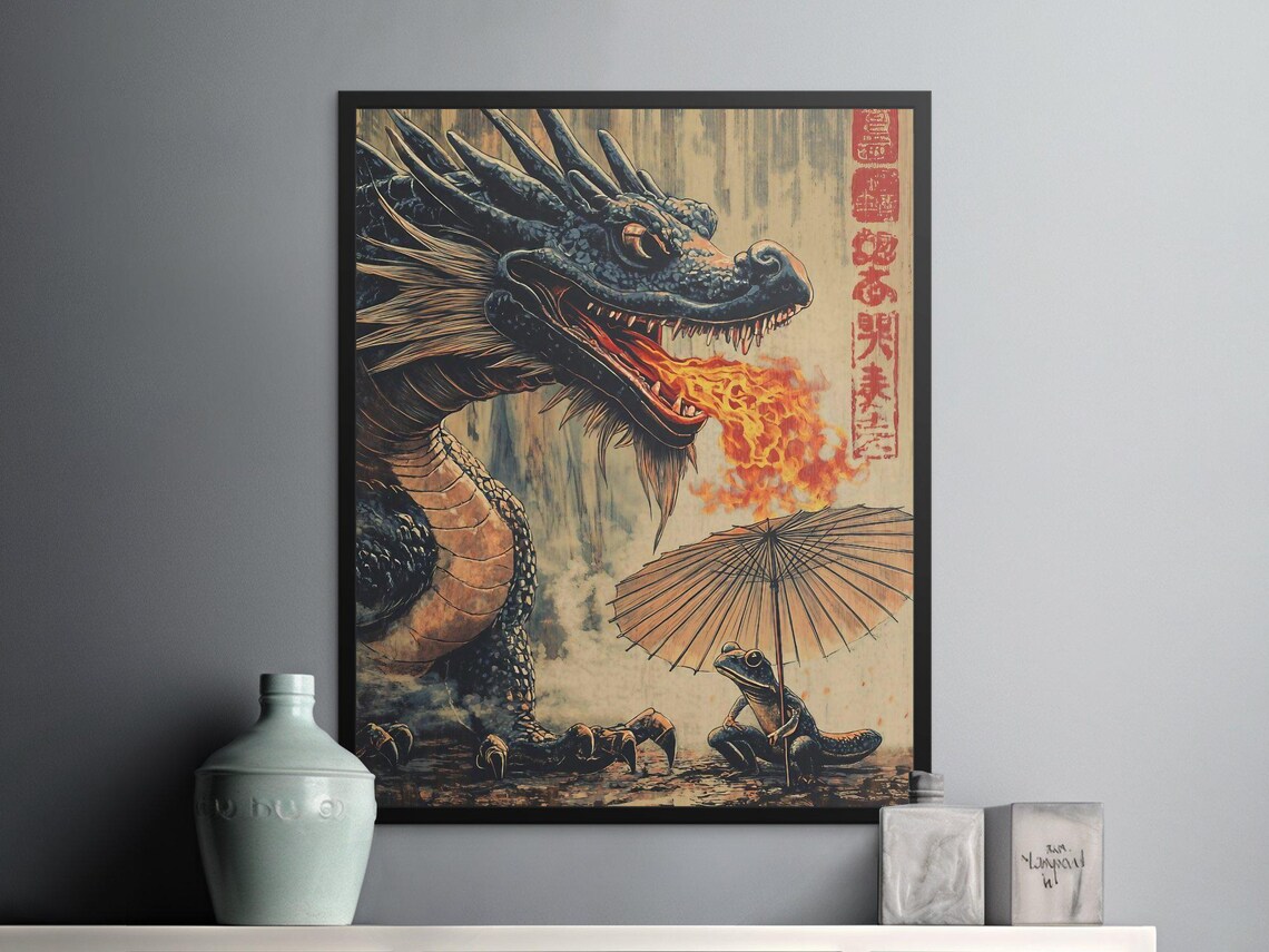 Fire Breathing Dragon Frog Umbrella Fantasy Japanese Woodblock Poster - Image 2