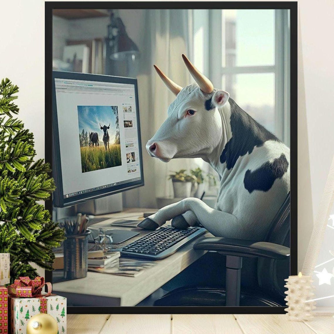 Funny Cow At Computer Office Photorealistic Humorous Animal Art Poster