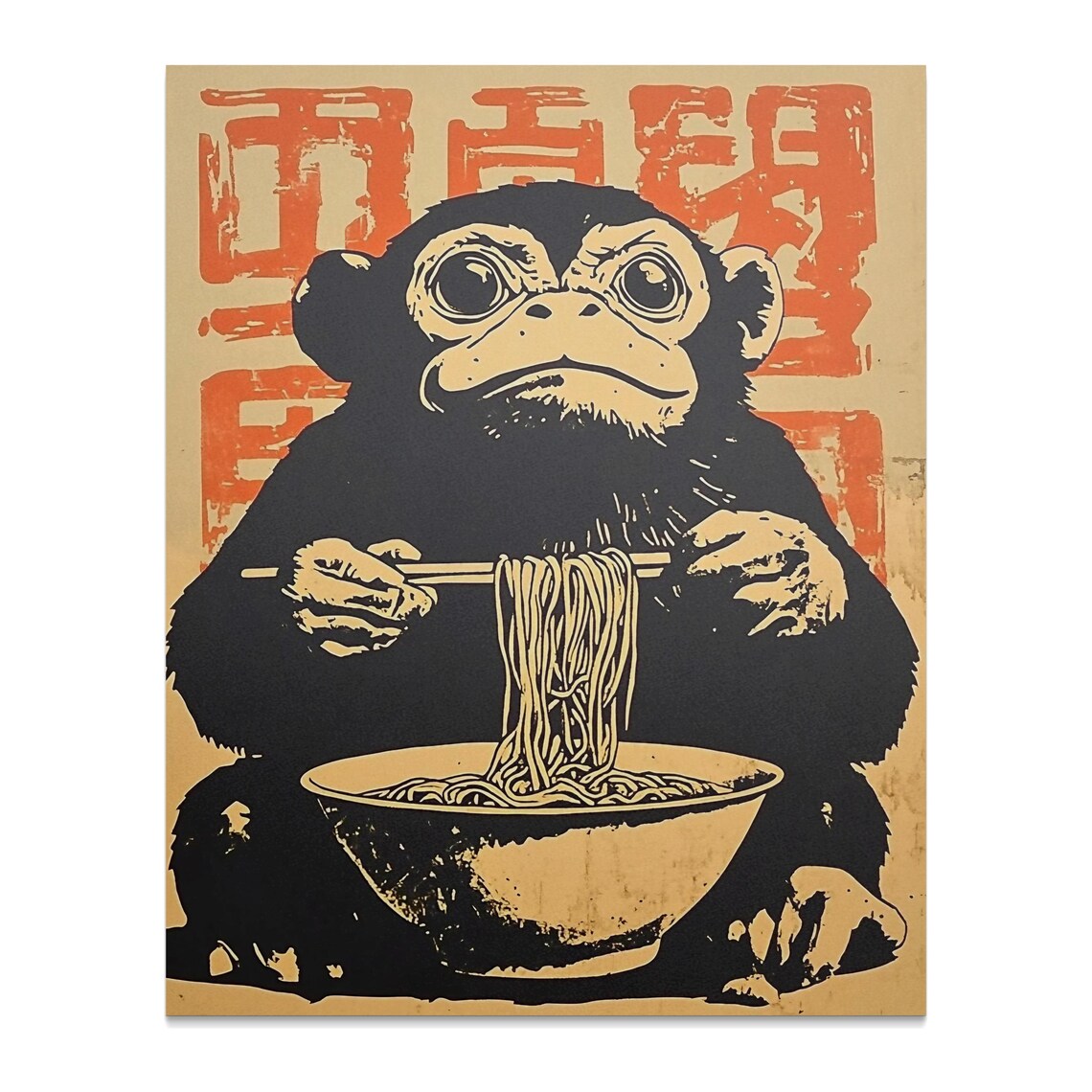 Monkey Lifting Ramen Noodles Japanese Style Cute Kitchen Wall Art Poster - Image 2