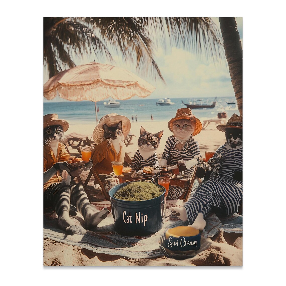 Vintage Cats Beach Picnic Retro Swimsuits Straw Hats Seaside Fun Poster - Image 2